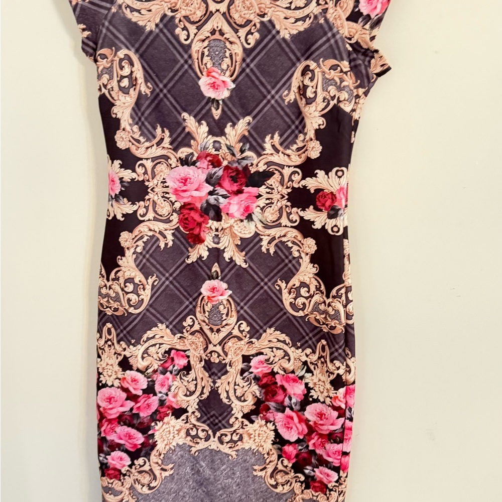 ECI Black Midi Dress with Pink Floral & Gold Baroque Print